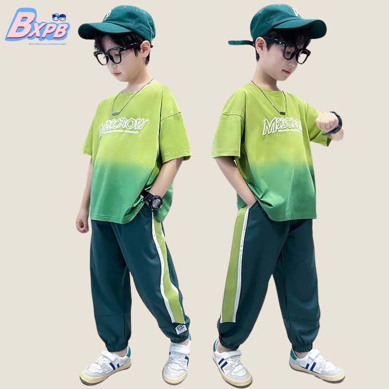 BXPB Set Đồ Thể Thao Gồm Áo Thun Tay Ngắn Và Quần Dài Dáng Rộng Bằng Vải Cotton Thời Trang Mùa Hè Thoải Mái Cho Bé Trai 110-170