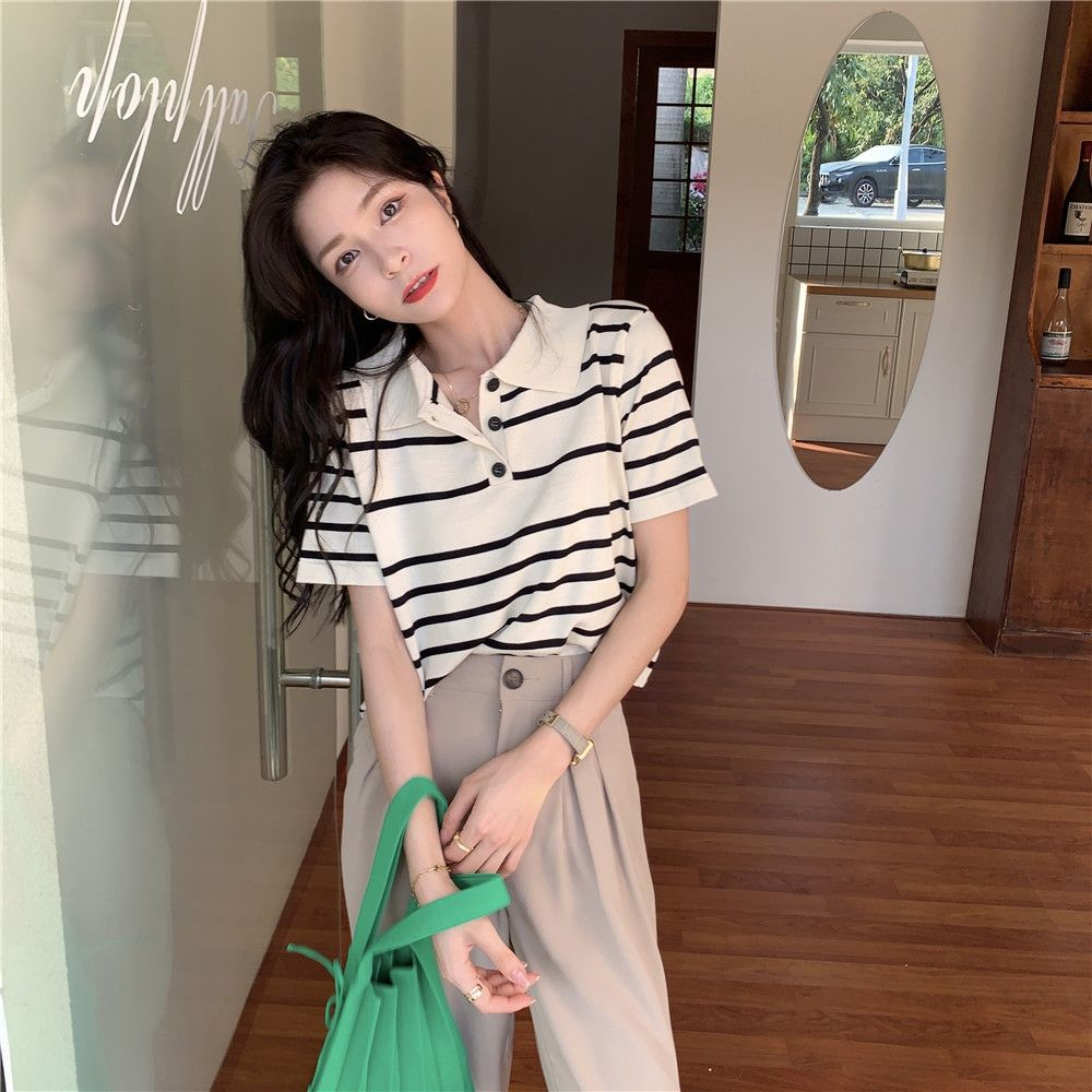 Áo polo Dệt Kim Tay Ngắn Kẻ Sọc Thời Trang Mùa Hè 2023 Mới Cho Nữ