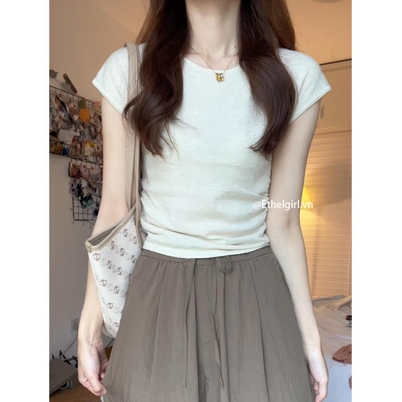 Ethelgirl Áo Thun Ngắn Tay Cổ Tròn Dáng Ôm Thời Trang Cho Nữ