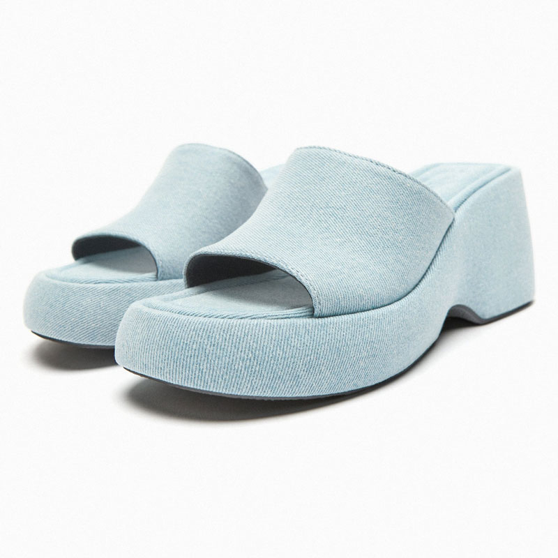 Sandal Đế Xuồng Dày Quai Denim Màu Xanh Dương Thời Trang Mùa Hè Hàng Mới 2023