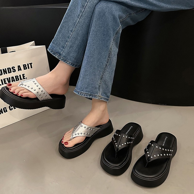 Dép Xỏ Ngón Đế Dày Màu Đen / Bạc Phong Cách Hàn Quốc Thời Trang 2023
