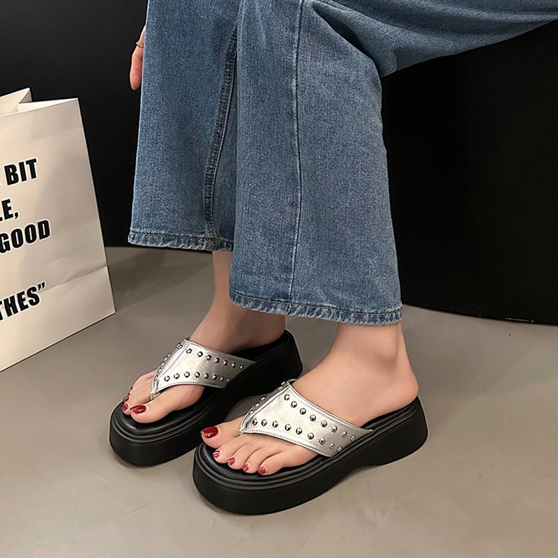 Dép Xỏ Ngón Đế Dày Màu Đen / Bạc Phong Cách Hàn Quốc Thời Trang 2023