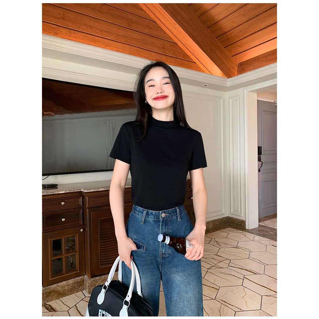 Áo Thun Trắng Tay Ngắn Cổ Cao Dáng Rộng Thời Trang Mùa Hè 2023 Mới Cho Nữ