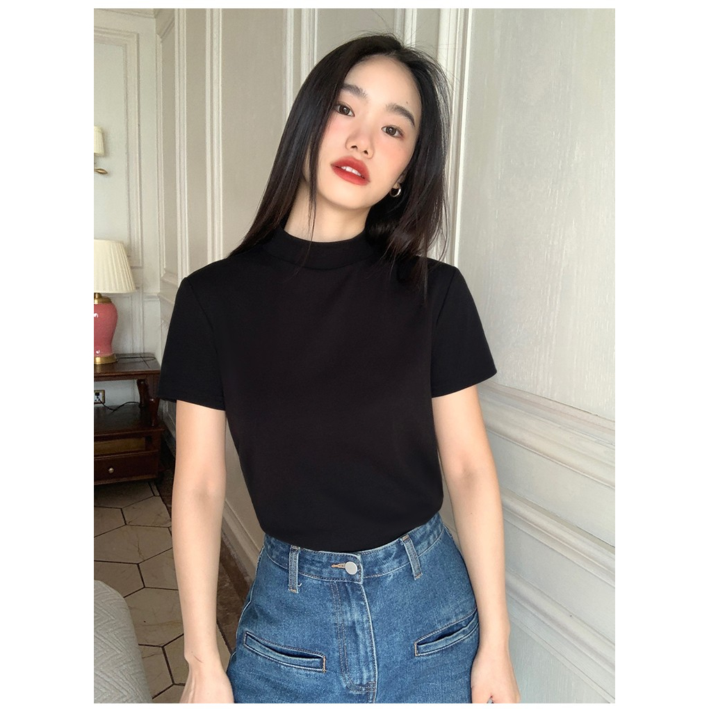 Áo Thun Trắng Tay Ngắn Cổ Cao Dáng Rộng Thời Trang Mùa Hè 2023 Mới Cho Nữ