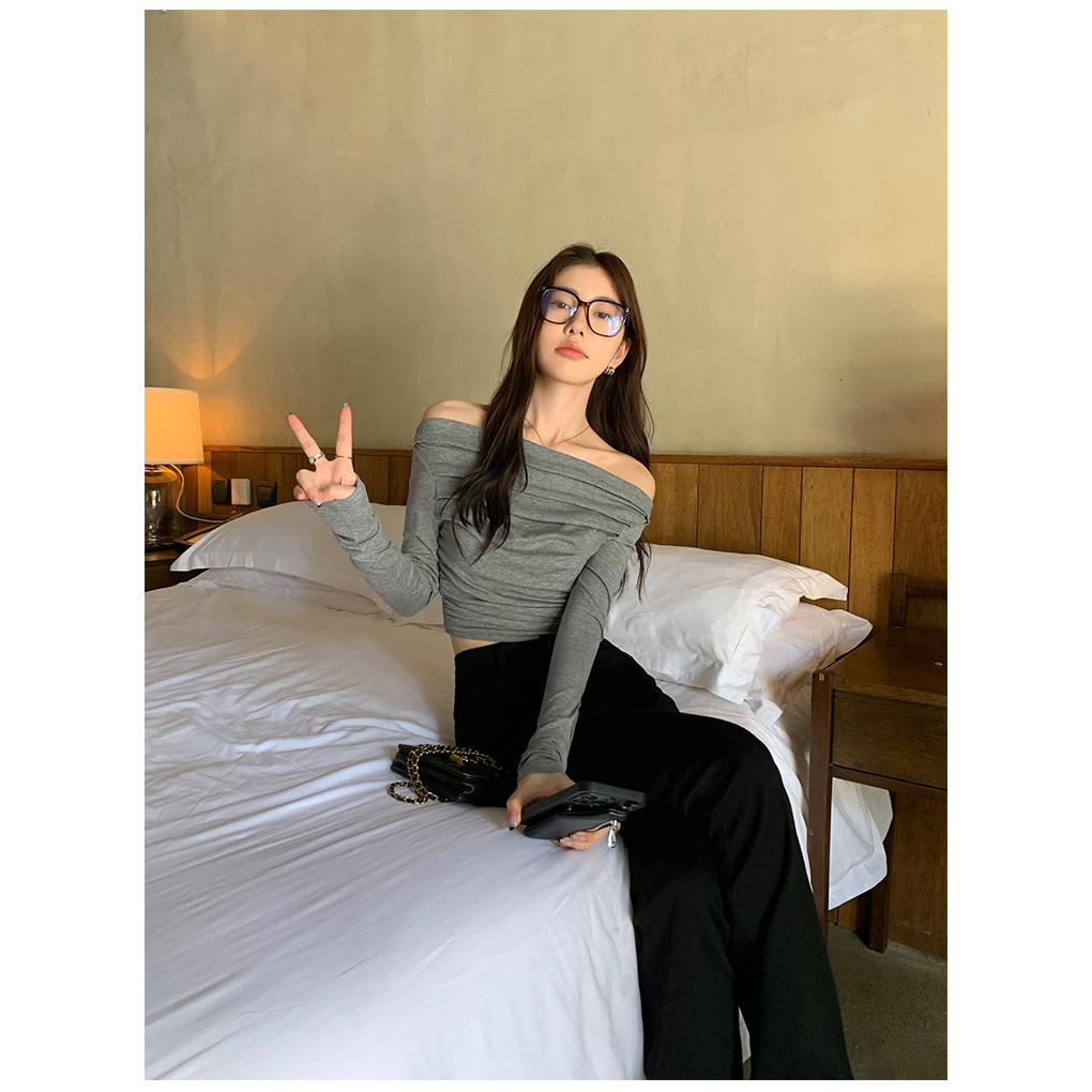 Áo Thun Dài Tay Lệch Vai Dáng Ôm Thời Trang 2023 Dành Cho Nữ