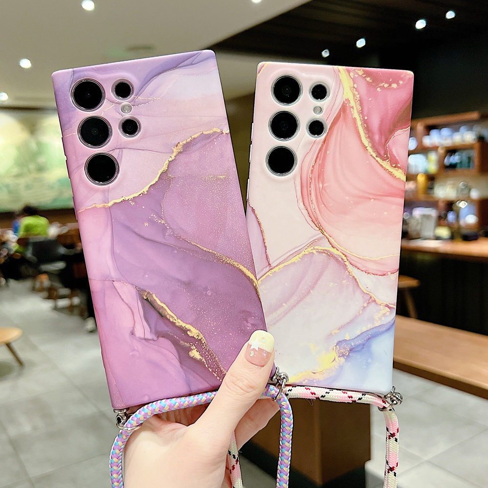 Ôp Điện Thoại Silicon Dẻo Họa Tiết Đá Hoa Cương Phối Dây Đeo Chéo Cho samsung galaxy s23 s24 s22 ultra s23 plus Ốp