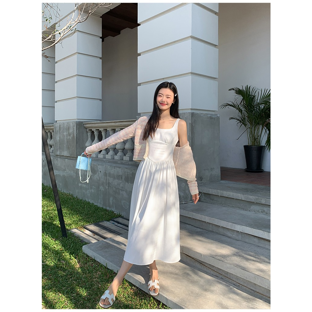 Đầm Dài Không Tay Ôm Eo Màu Trắng Phong Cách Mới 2023