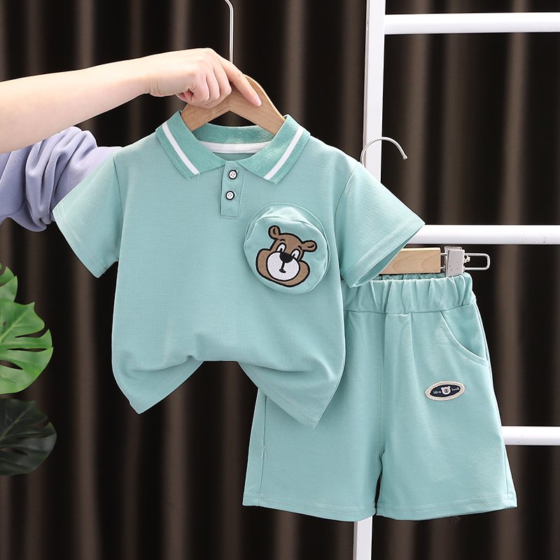 Set Áo Thun polo Tay Ngắn & Quần Short Cotton Màu Trơn Hình Gấu Thời Trang Mùa Hè Kích Thước 80-120cm Cho Bé