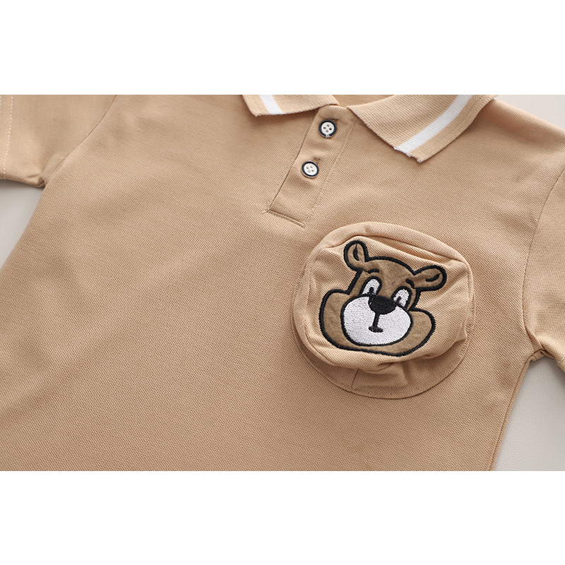 Set Áo Thun polo Tay Ngắn & Quần Short Cotton Màu Trơn Hình Gấu Thời Trang Mùa Hè Kích Thước 80-120cm Cho Bé