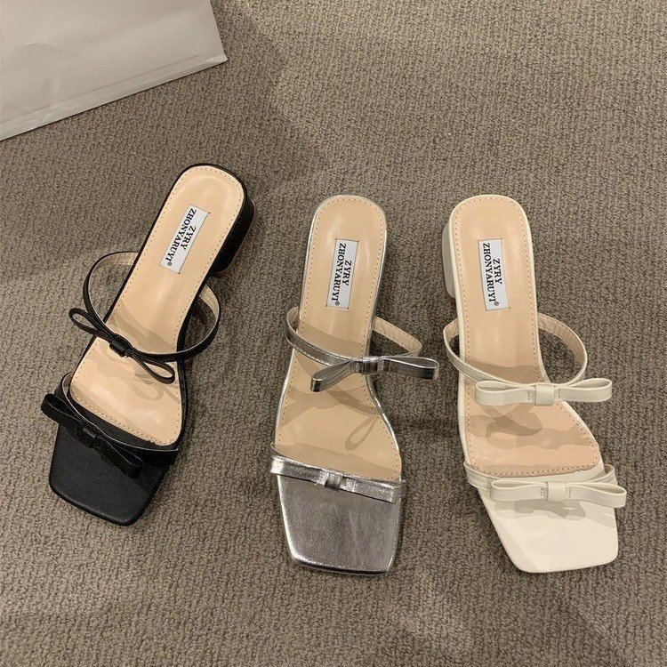 Giày Sandal Mũi Vuông Đế Dày Đính Nơ Xinh Xắn Cho Nữ
