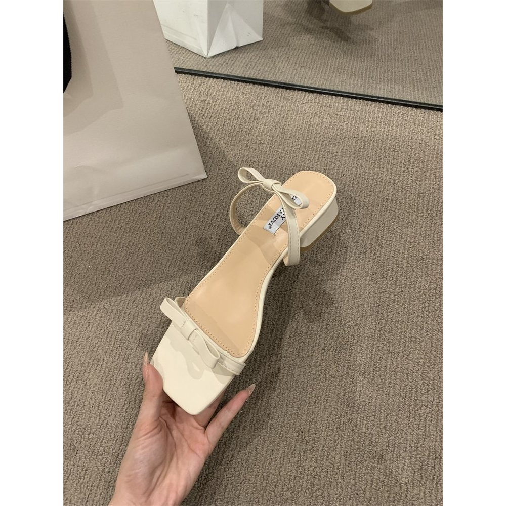 Giày Sandal Mũi Vuông Đế Dày Đính Nơ Xinh Xắn Cho Nữ