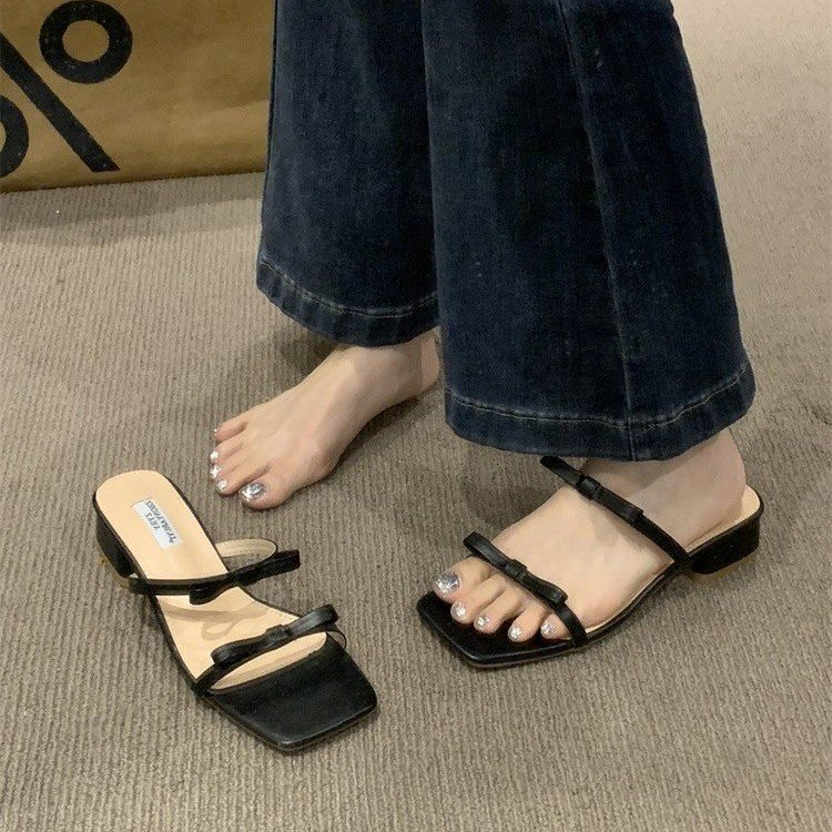 Giày Sandal Mũi Vuông Đế Dày Đính Nơ Xinh Xắn Cho Nữ
