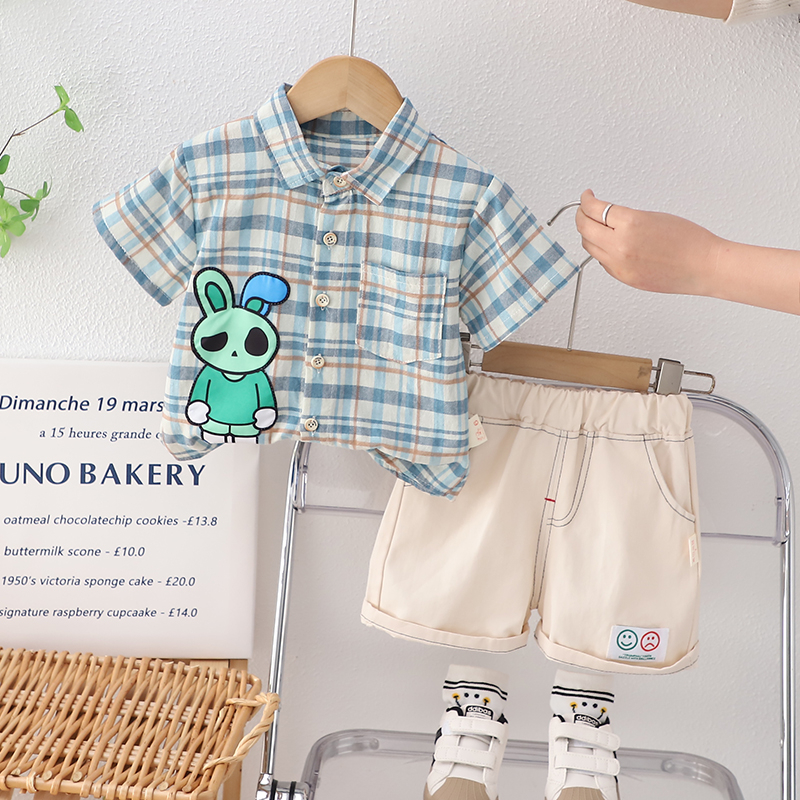 Set Đồ Mùa Hè 2 Món Gồm Áo Sơ Mi Caro In Họa Tiết Thỏ Hoạt Hình + Quần Ngắn Cho Bé Trai