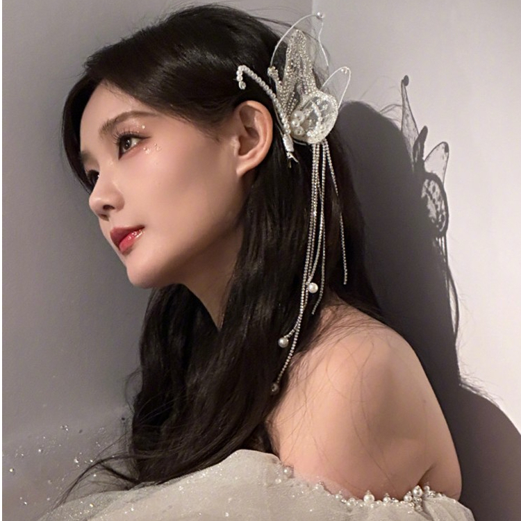 Kẹp Tóc Hình Nơ Đính Ngọc Trai Phối Tua Rua Xinh Xắn Cho Cô Dâu