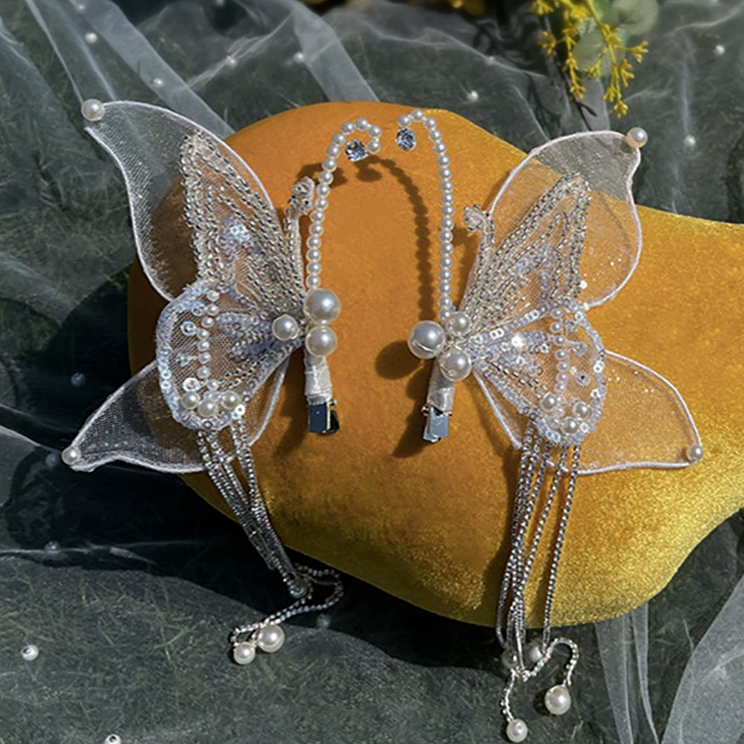 Kẹp Tóc Hình Nơ Đính Ngọc Trai Phối Tua Rua Xinh Xắn Cho Cô Dâu