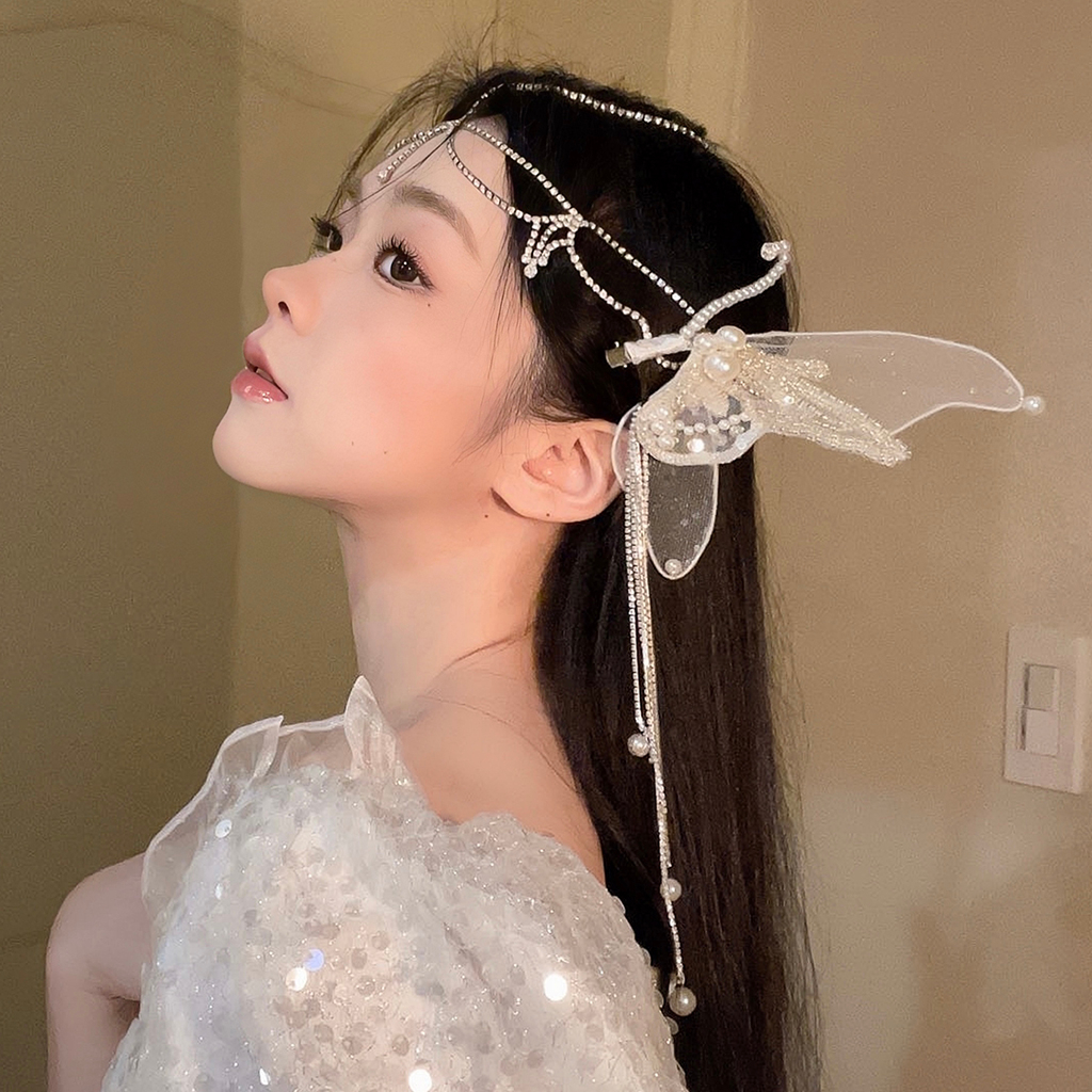 Kẹp Tóc Hình Nơ Đính Ngọc Trai Phối Tua Rua Xinh Xắn Cho Cô Dâu