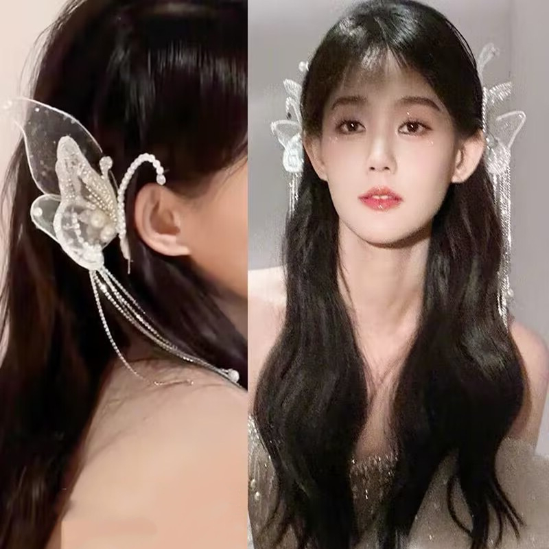 Kẹp Tóc Hình Nơ Đính Ngọc Trai Phối Tua Rua Xinh Xắn Cho Cô Dâu