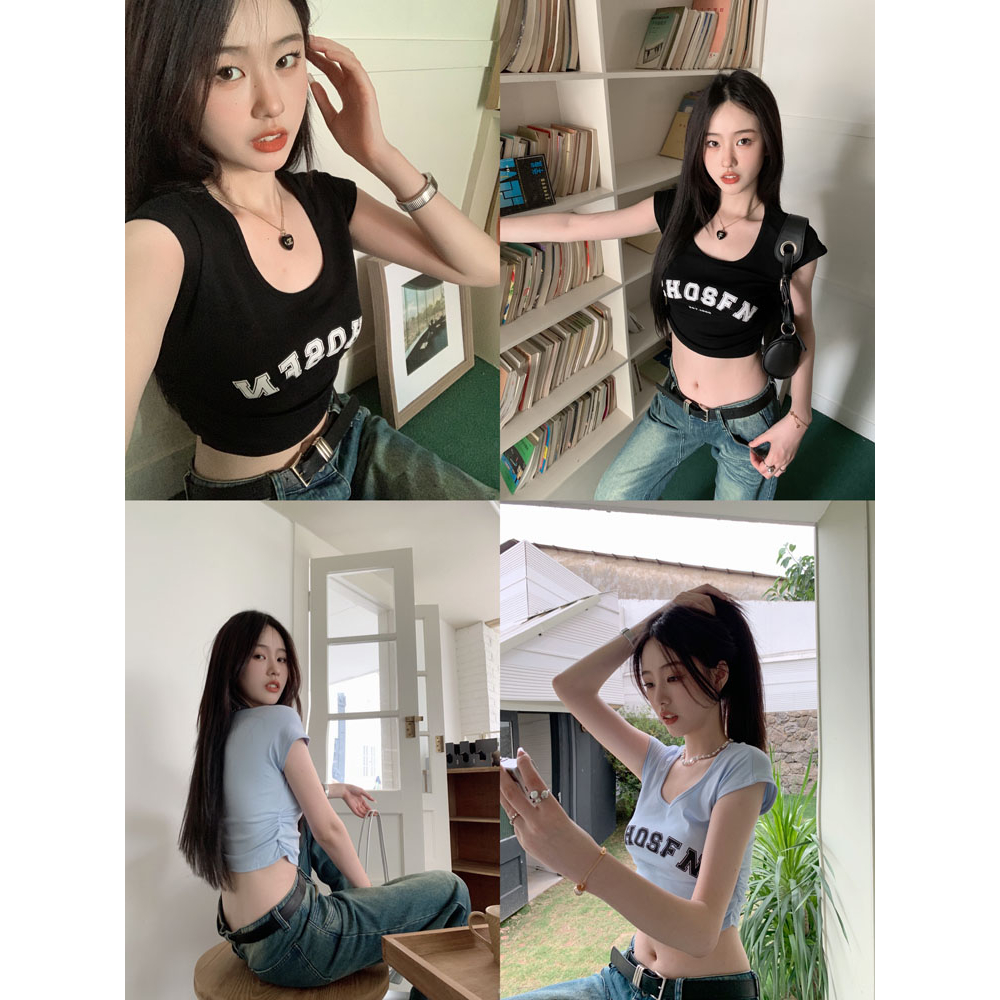 QADCOL Áo Thun Tay Ngắn Cổ Vuông Màu Đen Phong Cách Mỹ Thời Trang Mùa Hè Cho Nữ