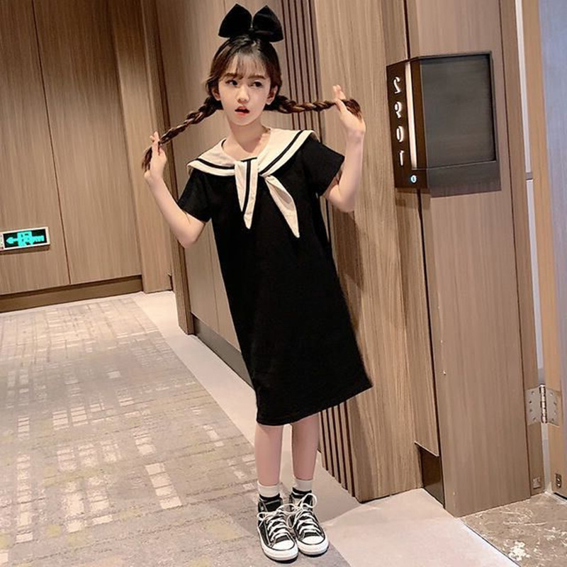 Đầm Tay Ngắn Cổ Thủy Thủ Phong Cách Preppy Thời Trang Mùa Hè Xinh Xắn Cho Bé Gái 3-14 Tuổi