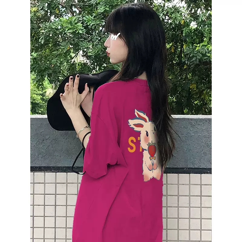 Áo Thun Cotton Tay Ngắn Dáng Rộng In Họa Tiết Thỏ Dễ Thương Thời Trang Cho Nữ