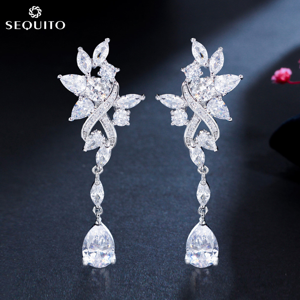 Sequito Bông Tai Mạ Vàng Trắng Đính Đá Zircon Hình Giọt Nước Sang Trọng Cho Cô Dâu e787
