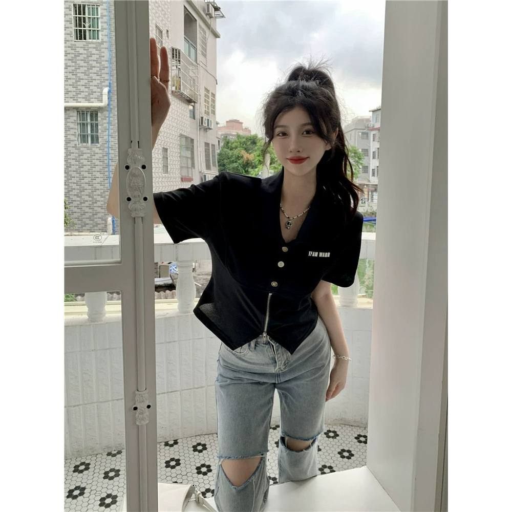 ZHELIHANGFEI Áo polo Có Khóa Kéo Thời Trang Mùa Hè Quyến Rũ Cho Nữ