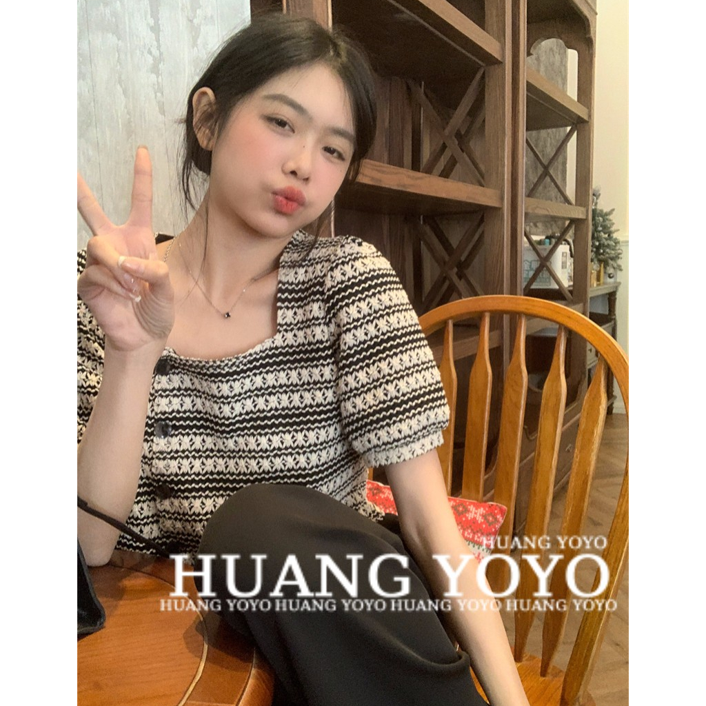 HUANG YOYO Áo Thun Croptop Dệt Kim Tay Ngắn Cổ Vuông Dáng Ôm Họa Tiết Kẻ Sọc Thời Trang Mùa Hè Mới Cho Nữ