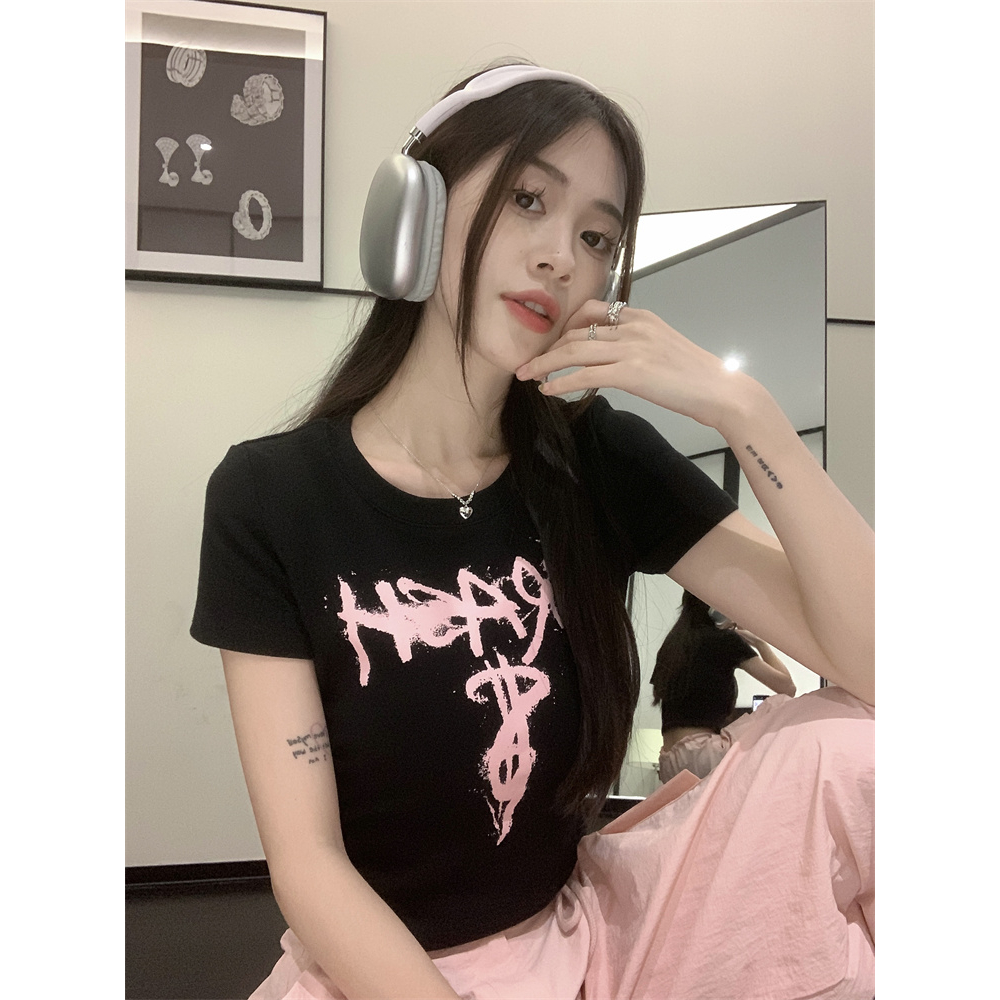 QADCOL Áo Thun Tay Ngắn Màu Đen In Họa Tiết Phong Cách retro Mỹ Thời Trang Mùa Hè Cho Nữ