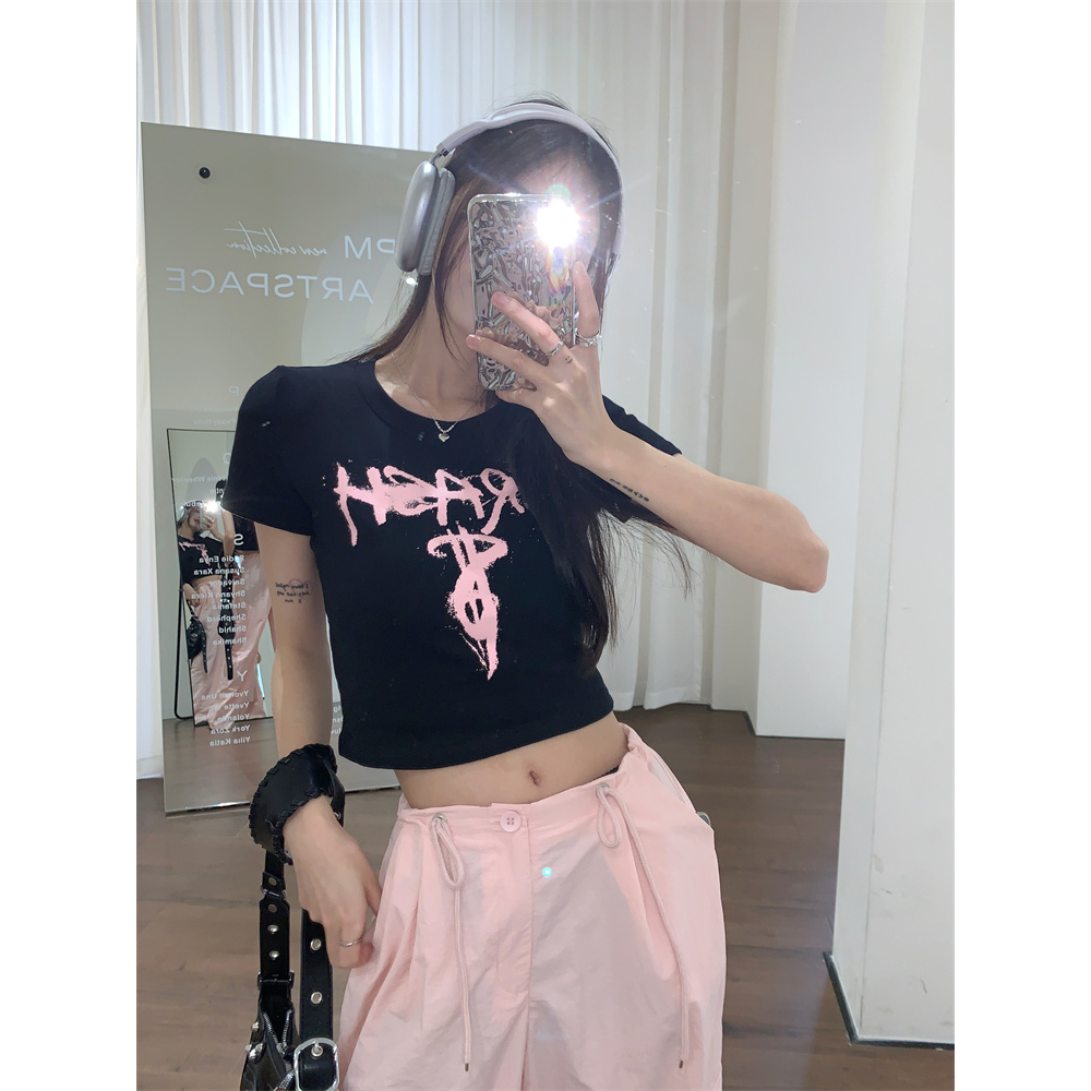 QADCOL Áo Thun Tay Ngắn Màu Đen In Họa Tiết Phong Cách retro Mỹ Thời Trang Mùa Hè Cho Nữ