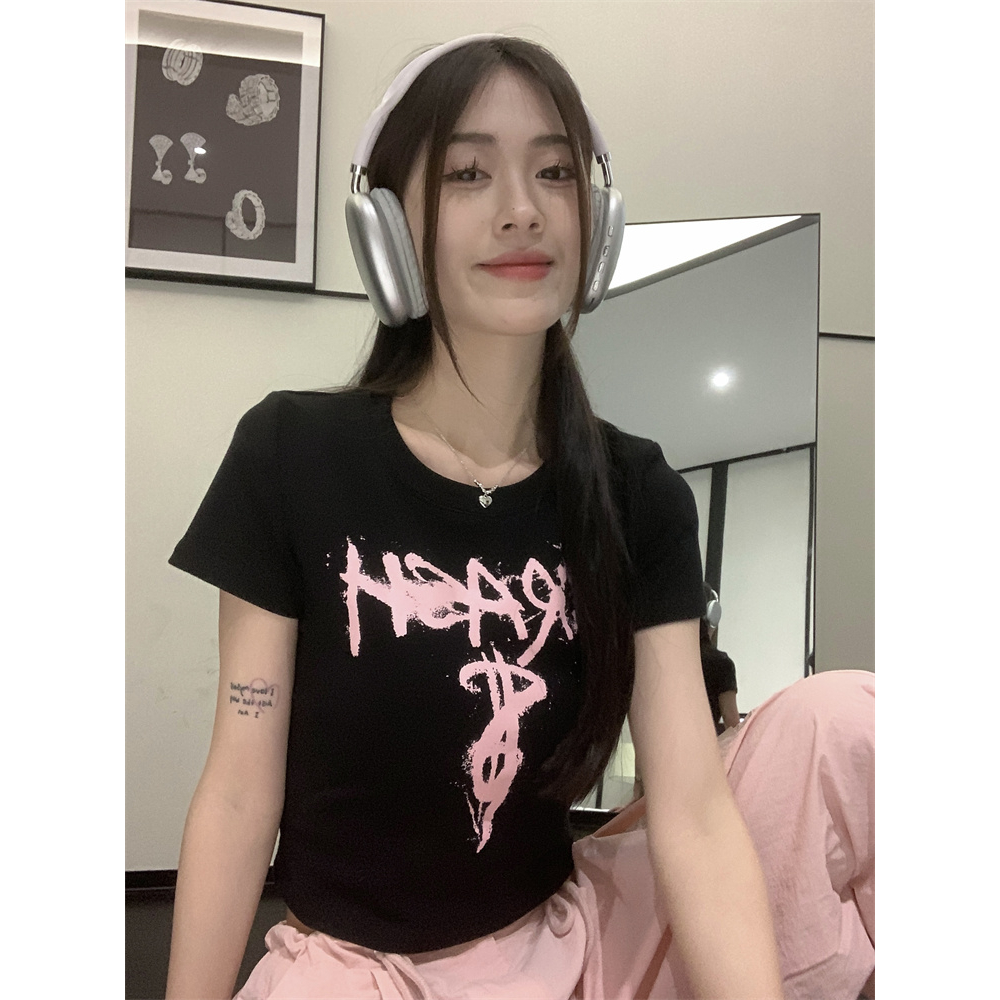 QADCOL Áo Thun Tay Ngắn Màu Đen In Họa Tiết Phong Cách retro Mỹ Thời Trang Mùa Hè Cho Nữ