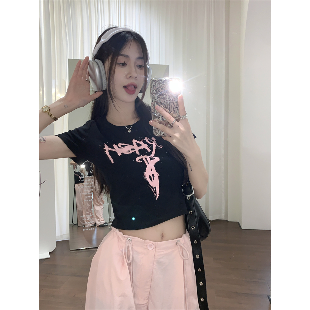 QADCOL Áo Thun Tay Ngắn Màu Đen In Họa Tiết Phong Cách retro Mỹ Thời Trang Mùa Hè Cho Nữ