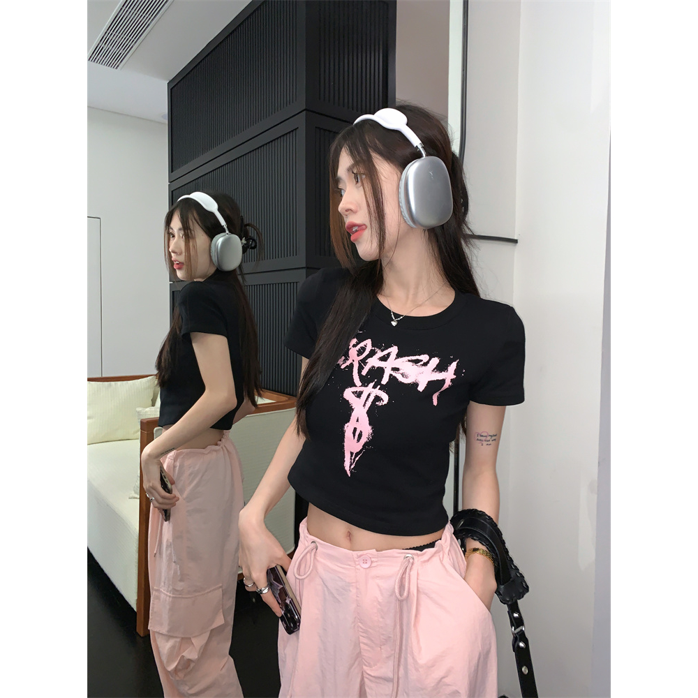 QADCOL Áo Thun Tay Ngắn Màu Đen In Họa Tiết Phong Cách retro Mỹ Thời Trang Mùa Hè Cho Nữ