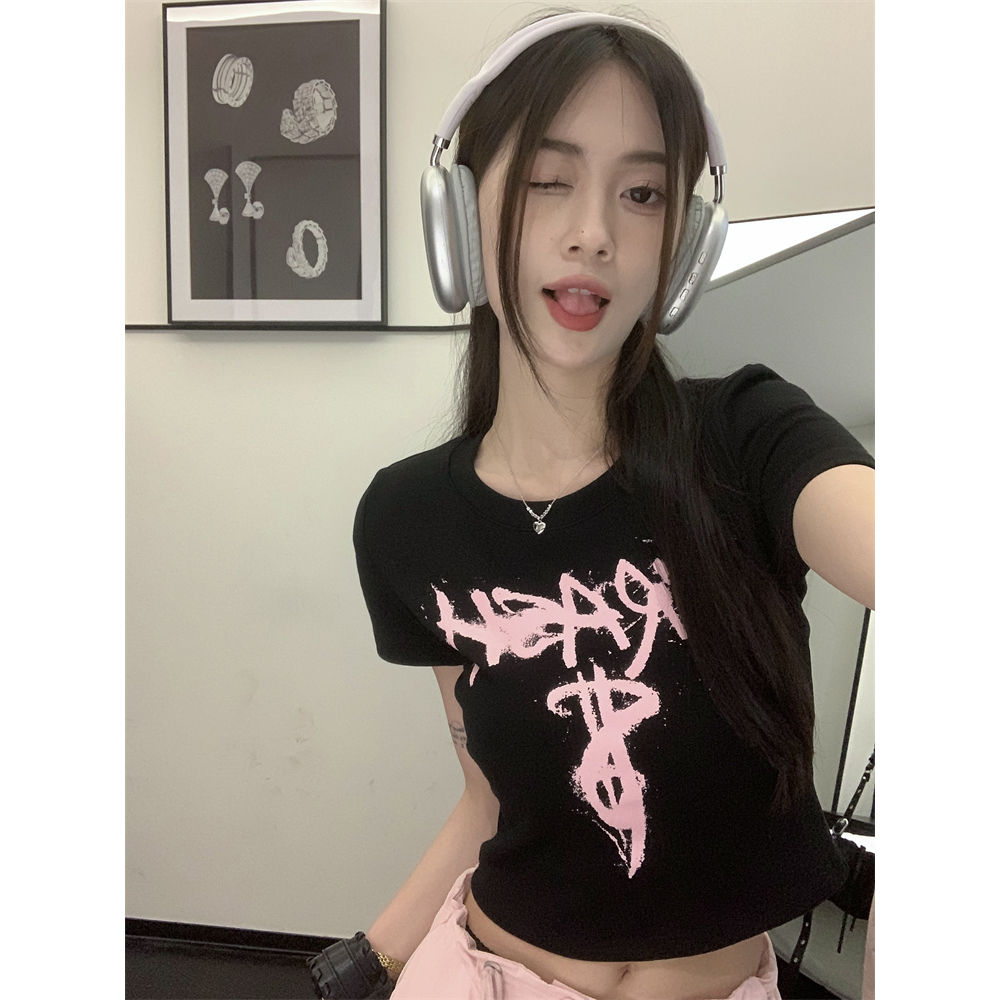 QADCOL Áo Thun Tay Ngắn Màu Đen In Họa Tiết Phong Cách retro Mỹ Thời Trang Mùa Hè Cho Nữ