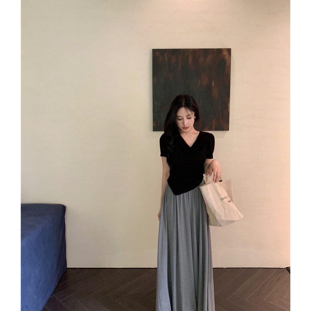 Cocory vn Set Áo Thun Ngắn Tay + Chân Váy Lưng Cao Ôm Dáng Thời Trang Mùa Hè Phong Cách Hàn Quốc Cho Nữ