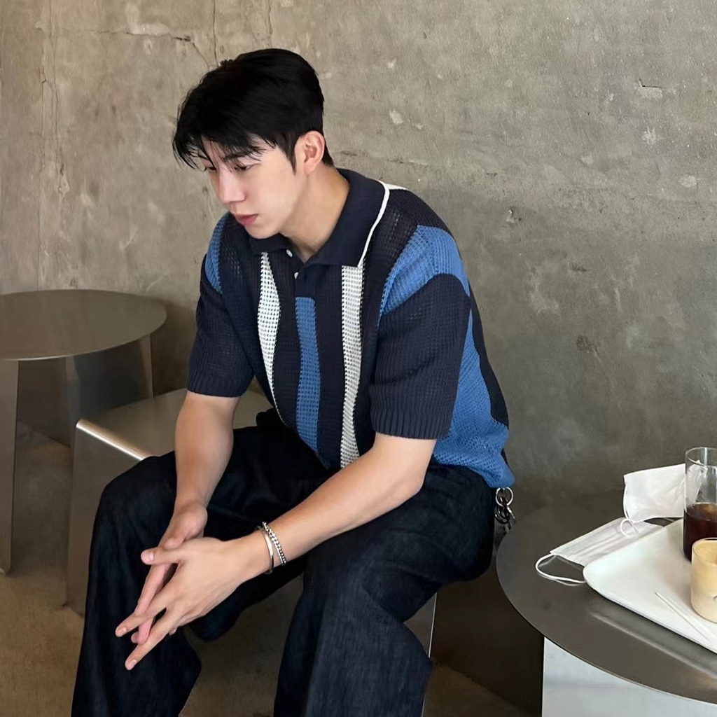 Áo Dệt Kim Tay Ngắn Dáng Rộng Thoáng Khí Họa Tiết Kẻ Sọc Màu Sắc Cổ Điển Thời Trang Cho Nữ