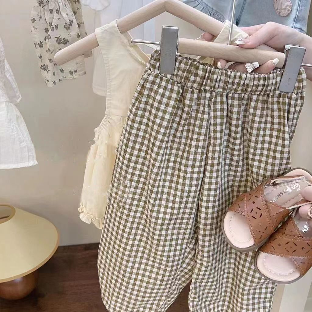 Set Áo Sơ Mi Trắng Phối Ren + Quần Dài Họa Tiết Caro Dễ Thương Phong Cách Hàn Quốc Cho Bé Gái