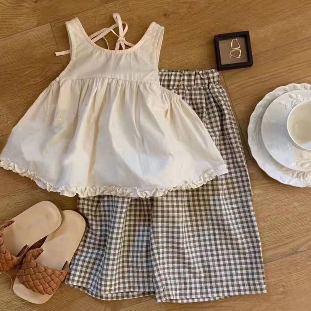 Set Áo Sơ Mi Trắng Phối Ren + Quần Dài Họa Tiết Caro Dễ Thương Phong Cách Hàn Quốc Cho Bé Gái