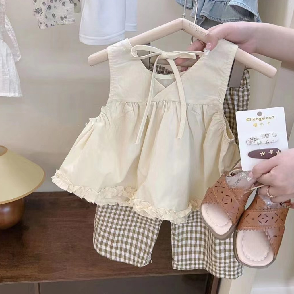 Set Áo Sơ Mi Trắng Phối Ren + Quần Dài Họa Tiết Caro Dễ Thương Phong Cách Hàn Quốc Cho Bé Gái