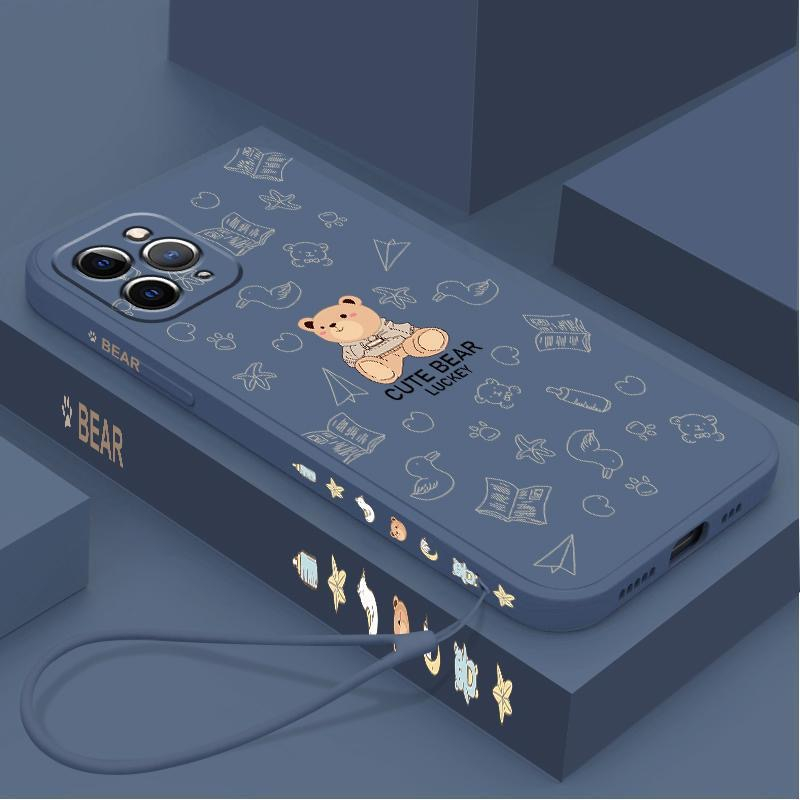 Ốp lưng OPPO A57 2022-5G A77 5G A53 A33 A74 5G A74 4G A95 4G A54 A55 4G A76 A96 A16K A16E Cạnh thẳng 90 ° Silicone dây nhựa Teddy Bear
