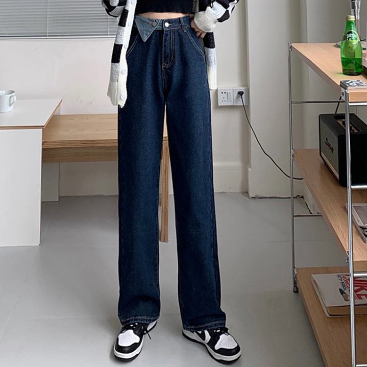SELVZE Quần jeans Nữ Lưng Cao Ống Rộng Phong Cách Retro