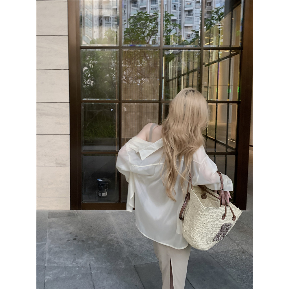 Cocory vn Áo Sơ Mi Tay Dài Dáng Rộng Xẻ Tà Màu Trơn Thời Trang Hàn Quốc Quyến Rũ Cho Nữ