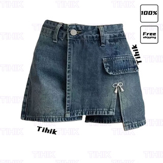 Chân váy jean TIHIK dáng chữ A lưng cao thời trang Hàn Quốc