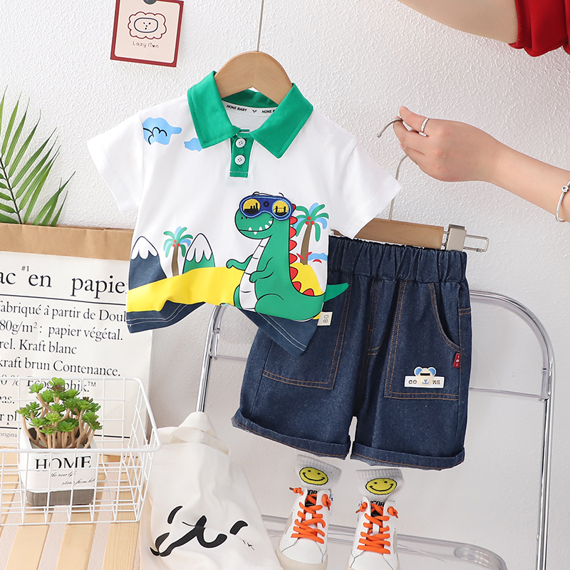 Set Đồ Mùa Hè 2 Món Gồm Áo Thun Cotton Có Cổ In Hình Khủng Long Hoạt Hình + Quần Ngắn Cho Bé Sơ Sinh