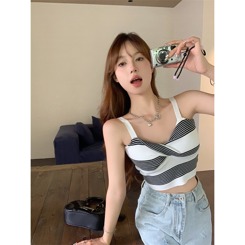 Lalisas Áo Hai Dây Dáng Ôm Ngắn Kẻ Sọc Chéo Sang Trọng Quyến Rũ Cho Nữ