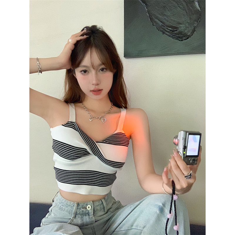 Lalisas Áo Hai Dây Dáng Ôm Ngắn Kẻ Sọc Chéo Sang Trọng Quyến Rũ Cho Nữ