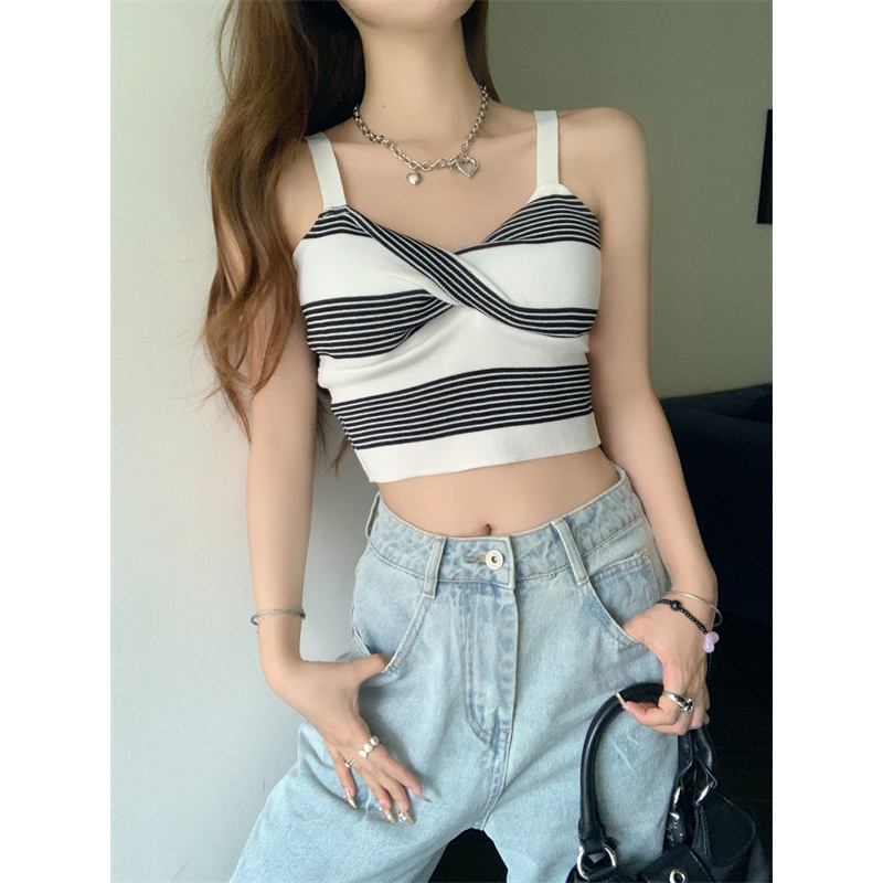 Lalisas Áo Hai Dây Dáng Ôm Ngắn Kẻ Sọc Chéo Sang Trọng Quyến Rũ Cho Nữ