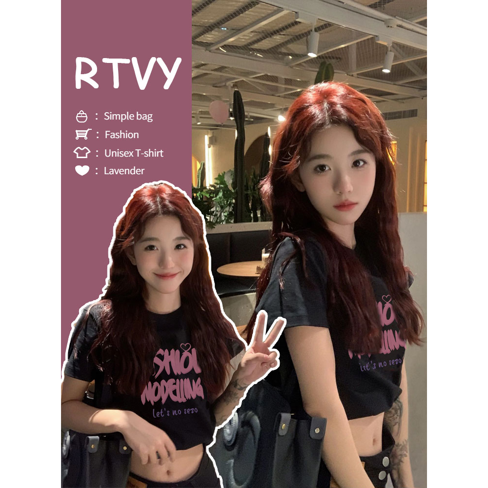 【RTVY】Áo Thun crop top Tay Ngắn Cổ Tròn Dáng Rộng In Họa Tiết Trắng Đen Thời Trang Cho Nữ