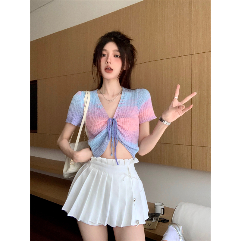 Áo Croptop Dệt Kim Tay Ngắn Cổ Chữ V Màu Cầu Vồng Quyến Rũ Cho Nữ