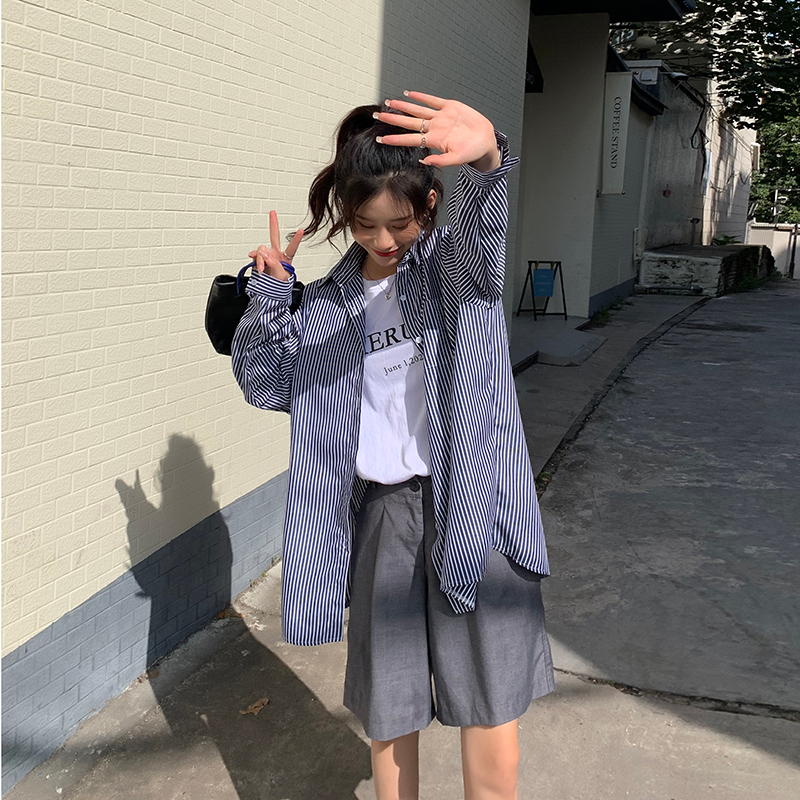 Áo Sơ Mi Nữ Dài Tay Cổ Bẻ Sọc Dọc Thời Trang Hàn
