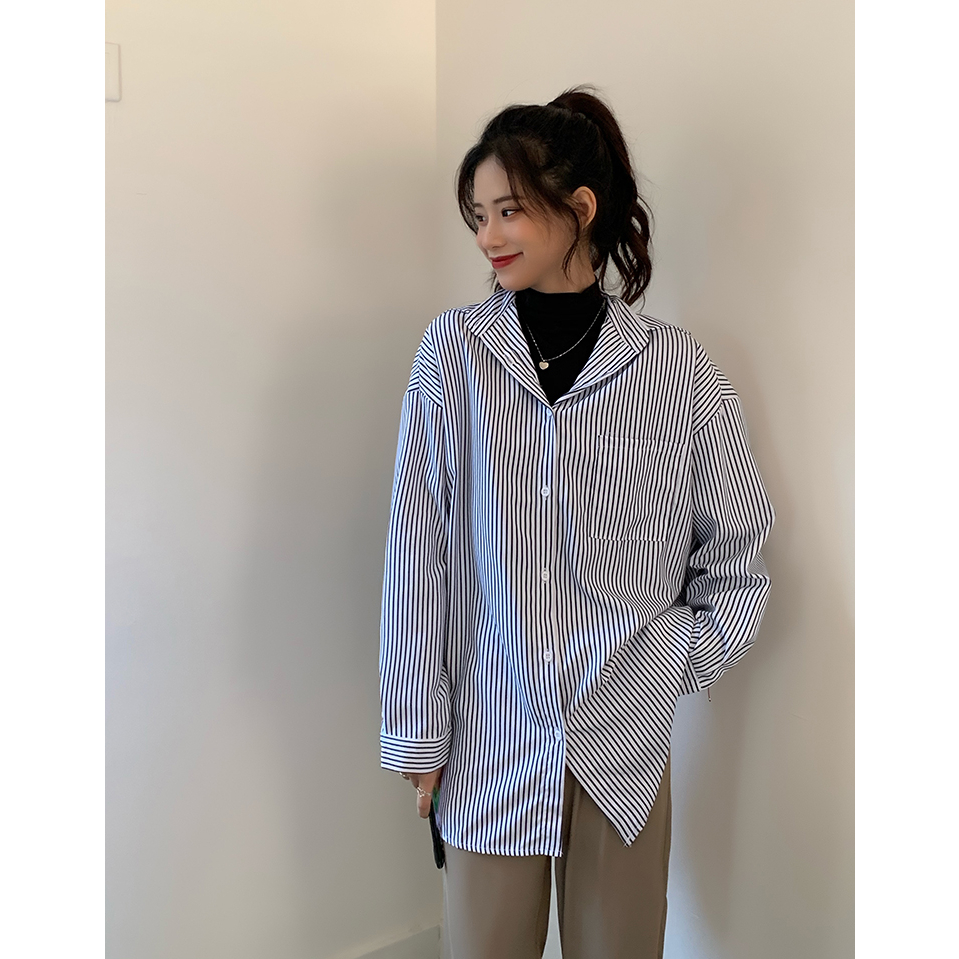 Áo Sơ Mi Nữ Dài Tay Cổ Bẻ Sọc Dọc Thời Trang Hàn